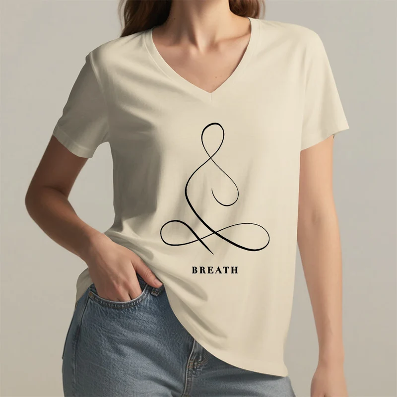 Olivenorma Minimalistisches Yoga-Pose-T-Shirt mit Grafik und V-Ausschnitt (Ruhe & Atem)