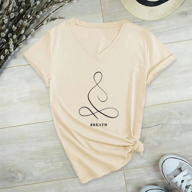 Olivenorma Minimalistisches Yoga-Pose-T-Shirt mit Grafik und V-Ausschnitt (Ruhe & Atem)