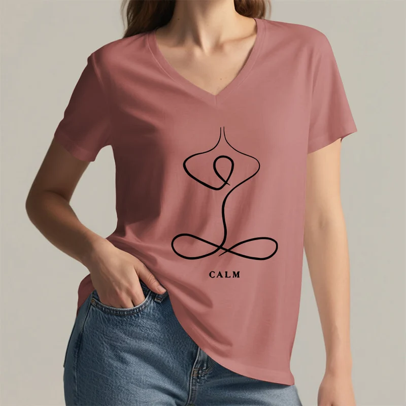 Olivenorma Minimalistisches Yoga-Pose-T-Shirt mit Grafik und V-Ausschnitt (Ruhe & Atem)
