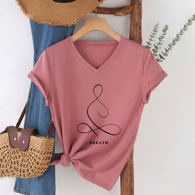 Olivenorma Minimalistisches Yoga-Pose-T-Shirt mit Grafik und V-Ausschnitt (Ruhe & Atem)