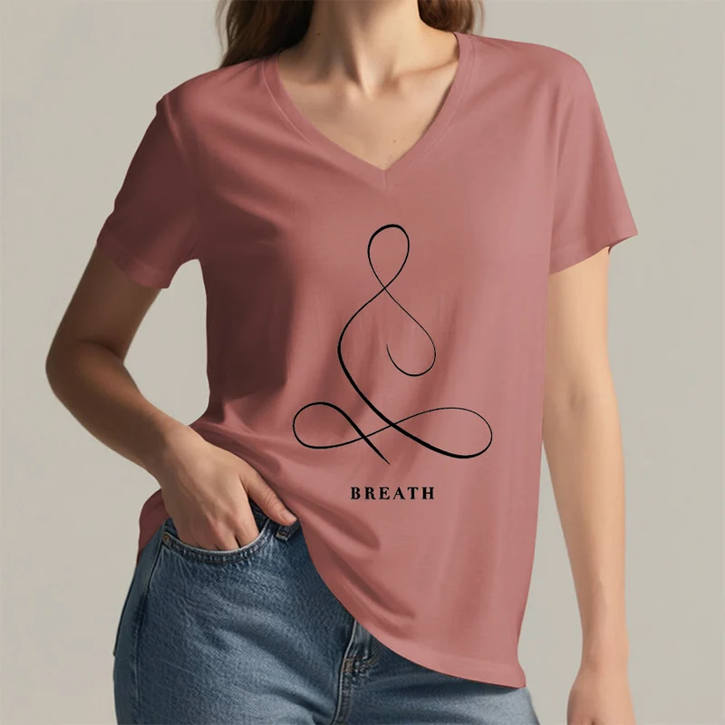 Olivenorma Minimalistisches Yoga-Pose-T-Shirt mit Grafik und V-Ausschnitt (Ruhe & Atem)