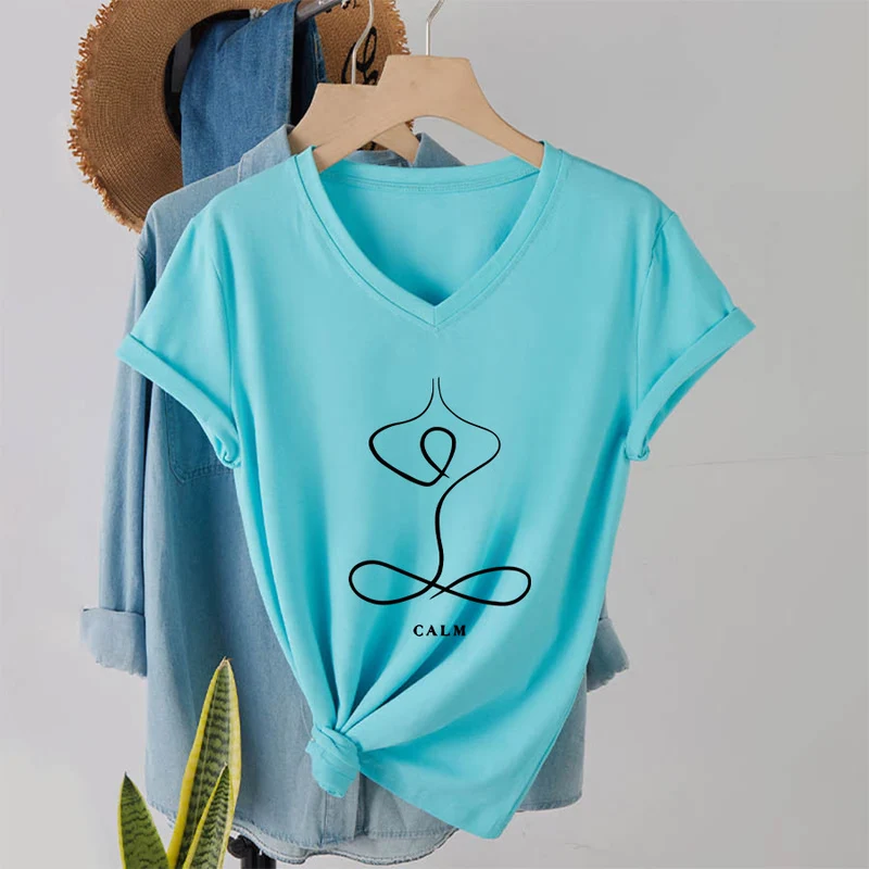 Olivenorma Minimalistisches Yoga-Pose-T-Shirt mit Grafik und V-Ausschnitt (Ruhe & Atem)