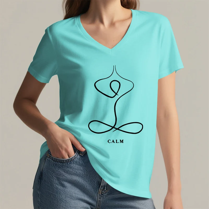 Olivenorma Minimalistisches Yoga-Pose-T-Shirt mit Grafik und V-Ausschnitt (Ruhe & Atem)
