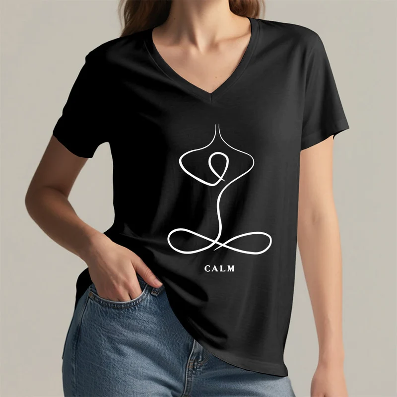 Olivenorma Minimalistisches Yoga-Pose-T-Shirt mit Grafik und V-Ausschnitt (Ruhe & Atem)