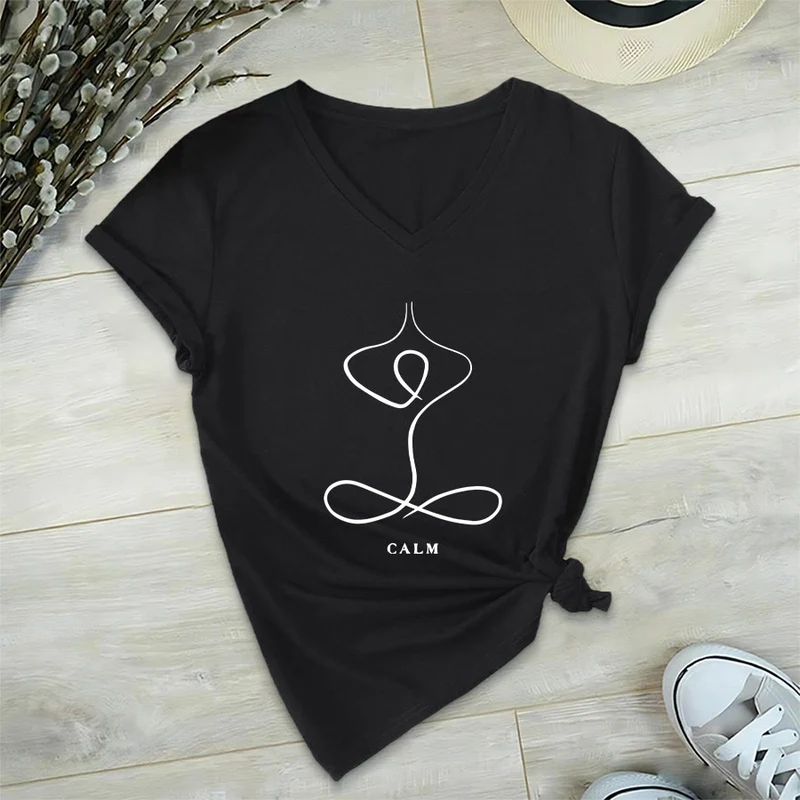Olivenorma Minimalistisches Yoga-Pose-T-Shirt mit Grafik und V-Ausschnitt (Ruhe & Atem)