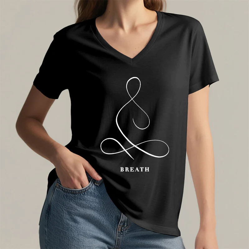 Olivenorma Minimalistisches Yoga-Pose-T-Shirt mit Grafik und V-Ausschnitt (Ruhe & Atem)