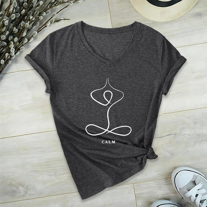Olivenorma Minimalistisches Yoga-Pose-T-Shirt mit Grafik und V-Ausschnitt (Ruhe & Atem)