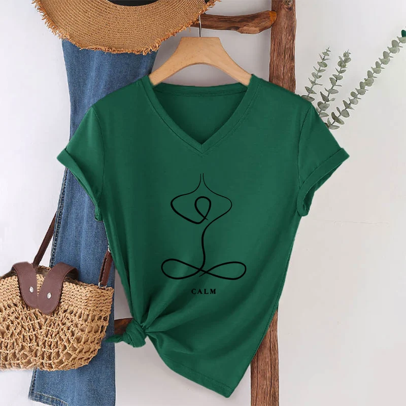 Olivenorma Minimalistisches Yoga-Pose-T-Shirt mit Grafik und V-Ausschnitt (Ruhe & Atem)
