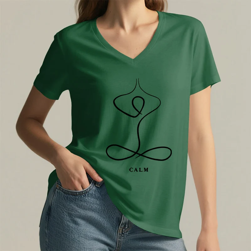Olivenorma Minimalistisches Yoga-Pose-T-Shirt mit Grafik und V-Ausschnitt (Ruhe & Atem)