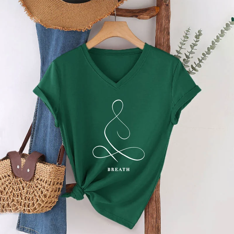 Olivenorma Minimalistisches Yoga-Pose-T-Shirt mit Grafik und V-Ausschnitt (Ruhe & Atem)
