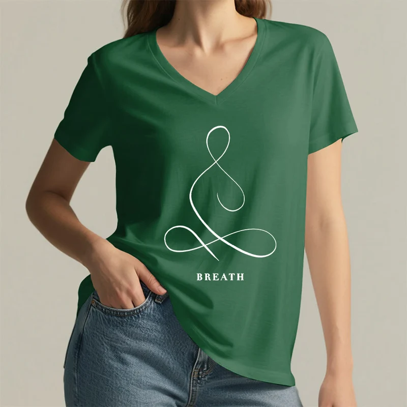 Olivenorma Minimalistisches Yoga-Pose-T-Shirt mit Grafik und V-Ausschnitt (Ruhe & Atem)