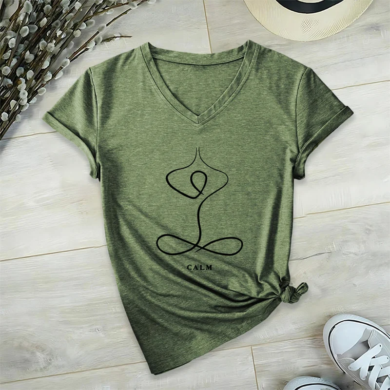 Olivenorma Minimalistisches Yoga-Pose-T-Shirt mit Grafik und V-Ausschnitt (Ruhe & Atem)