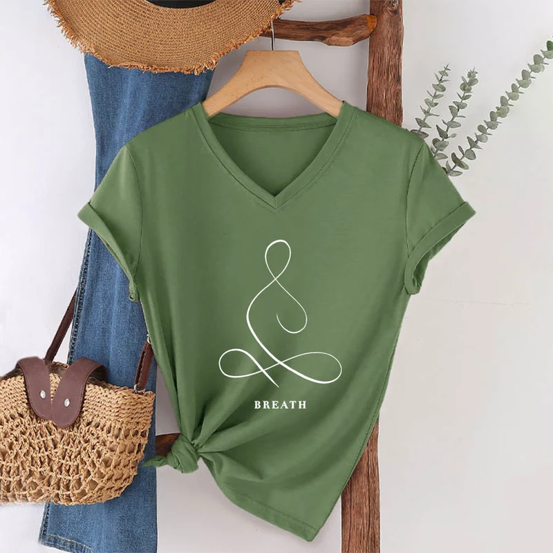 Olivenorma Minimalistisches Yoga-Pose-T-Shirt mit Grafik und V-Ausschnitt (Ruhe & Atem)