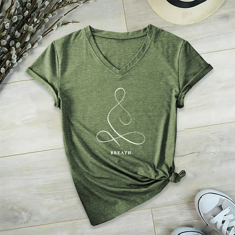 Olivenorma Minimalistisches Yoga-Pose-T-Shirt mit Grafik und V-Ausschnitt (Ruhe & Atem)