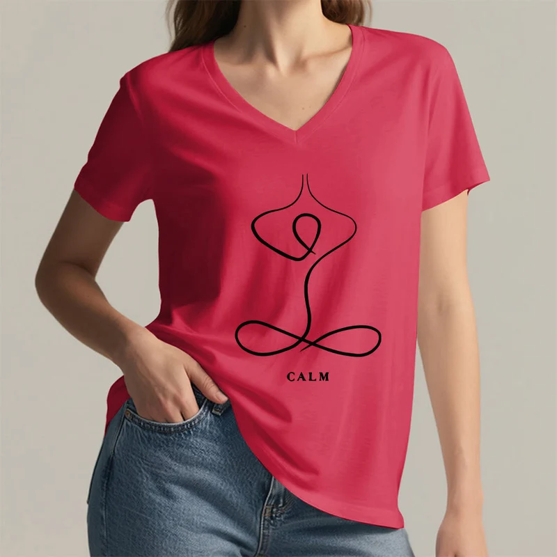 Olivenorma Minimalistisches Yoga-Pose-T-Shirt mit Grafik und V-Ausschnitt (Ruhe & Atem)