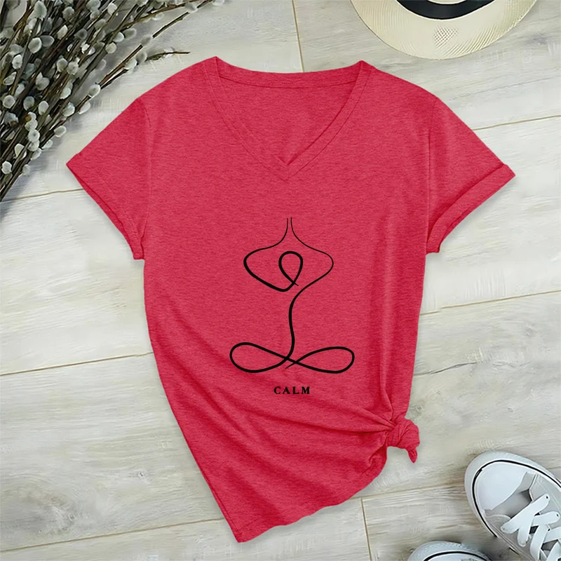 Olivenorma Minimalistisches Yoga-Pose-T-Shirt mit Grafik und V-Ausschnitt (Ruhe & Atem)