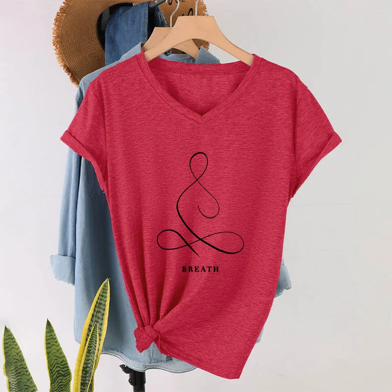 Olivenorma Minimalistisches Yoga-Pose-T-Shirt mit Grafik und V-Ausschnitt (Ruhe & Atem)