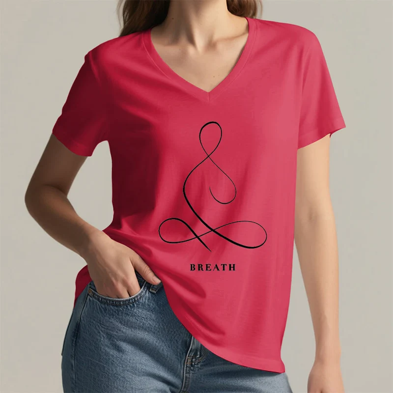Olivenorma Minimalistisches Yoga-Pose-T-Shirt mit Grafik und V-Ausschnitt (Ruhe & Atem)