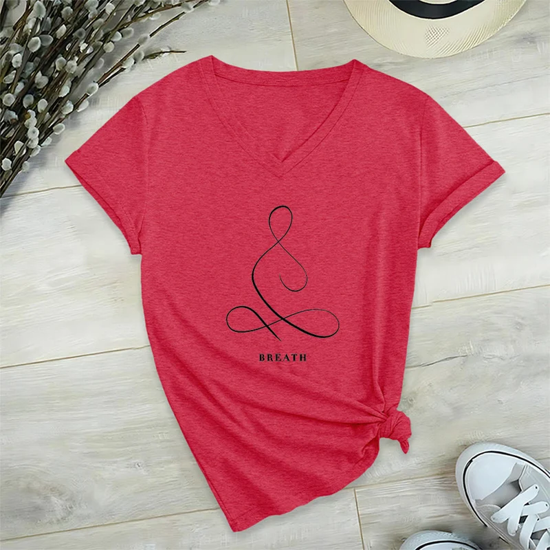 Olivenorma Minimalistisches Yoga-Pose-T-Shirt mit Grafik und V-Ausschnitt (Ruhe & Atem)