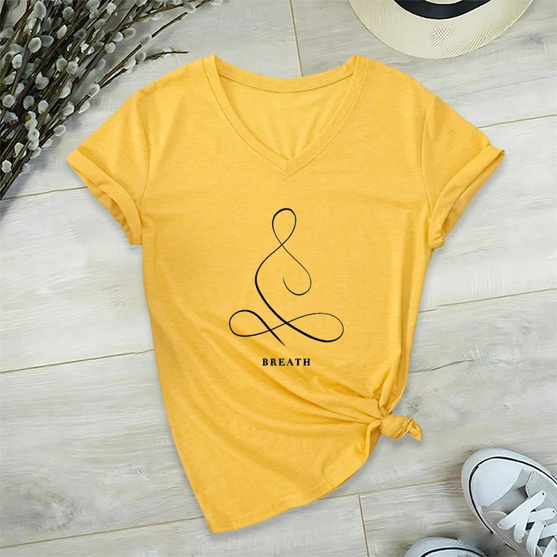 Olivenorma Minimalistisches Yoga-Pose-T-Shirt mit Grafik und V-Ausschnitt (Ruhe & Atem)