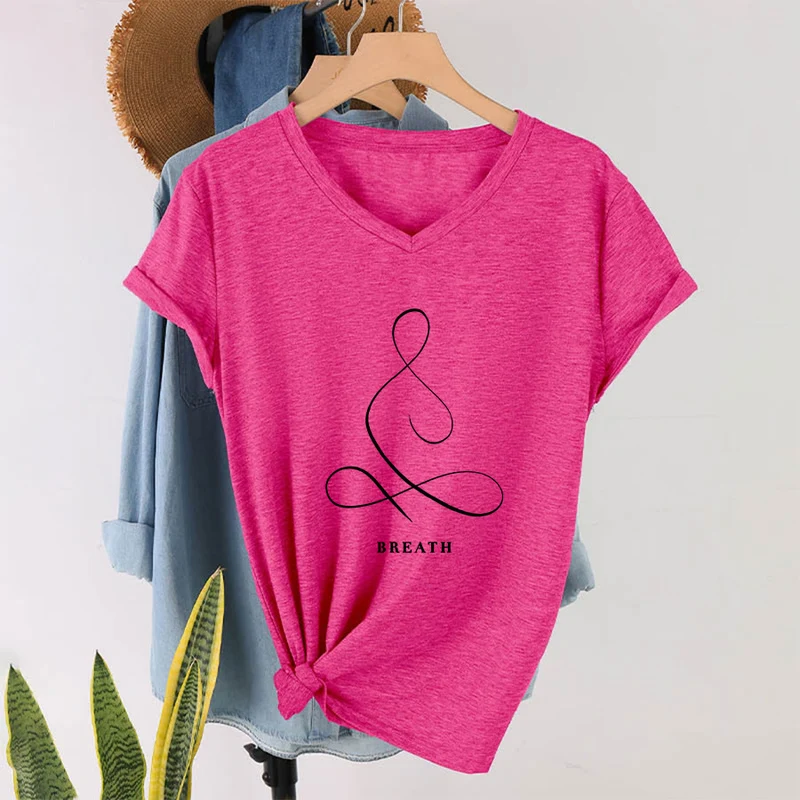 Olivenorma Minimalistisches Yoga-Pose-T-Shirt mit Grafik und V-Ausschnitt (Ruhe & Atem)