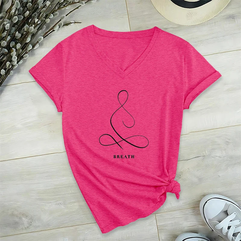 Olivenorma Minimalistisches Yoga-Pose-T-Shirt mit Grafik und V-Ausschnitt (Ruhe & Atem)