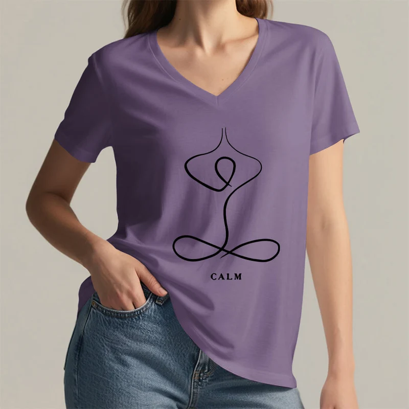 Olivenorma Minimalistisches Yoga-Pose-T-Shirt mit Grafik und V-Ausschnitt (Ruhe & Atem)