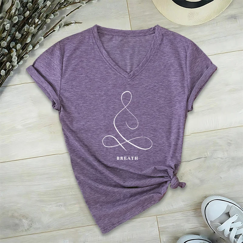Olivenorma Minimalistisches Yoga-Pose-T-Shirt mit Grafik und V-Ausschnitt (Ruhe & Atem)