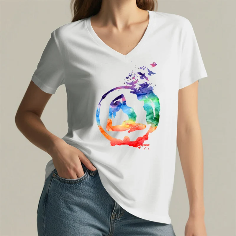 Olivenorma Aquarell-Yoga-Pose-Silhouette mit Vogeldruck V-Ausschnitt T-Shirt