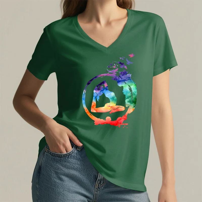 Olivenorma Aquarell-Yoga-Pose-Silhouette mit Vogeldruck V-Ausschnitt T-Shirt