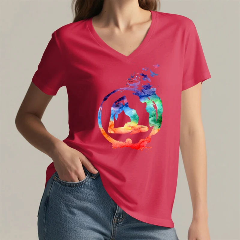Olivenorma Aquarell-Yoga-Pose-Silhouette mit Vogeldruck V-Ausschnitt T-Shirt