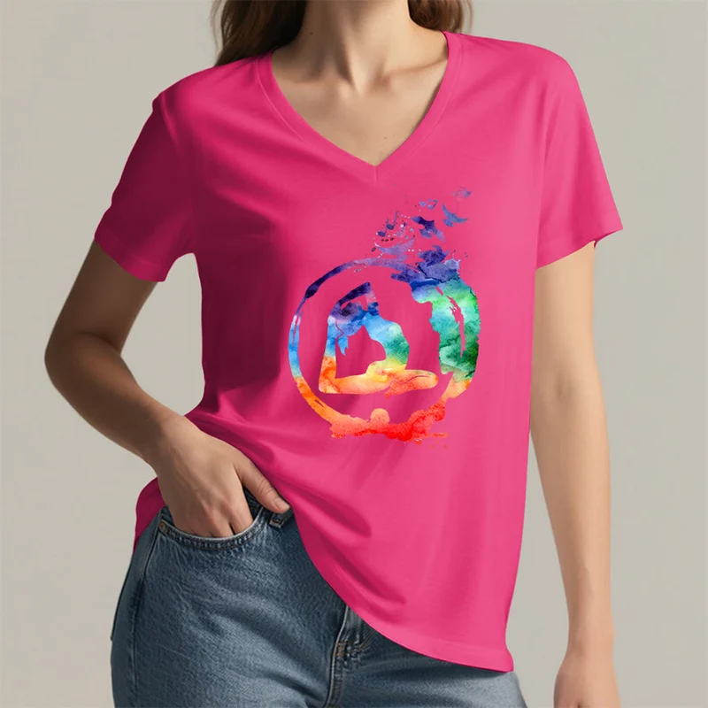 Olivenorma Aquarell-Yoga-Pose-Silhouette mit Vogeldruck V-Ausschnitt T-Shirt