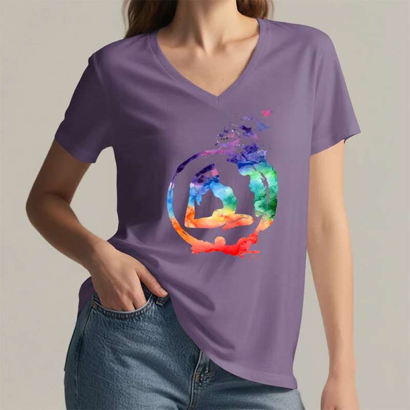 Olivenorma Aquarell-Yoga-Pose-Silhouette mit Vogeldruck V-Ausschnitt T-Shirt
