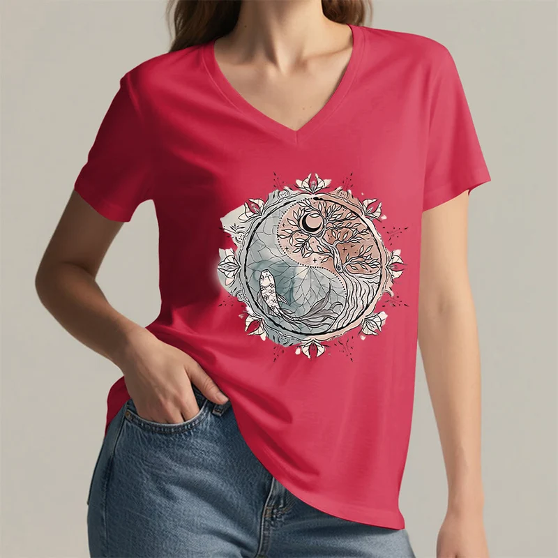 Olivenorma T-Shirt mit aufwendigem Yin-Yang-Naturdesign mit Baum und Koi (V-Ausschnitt)