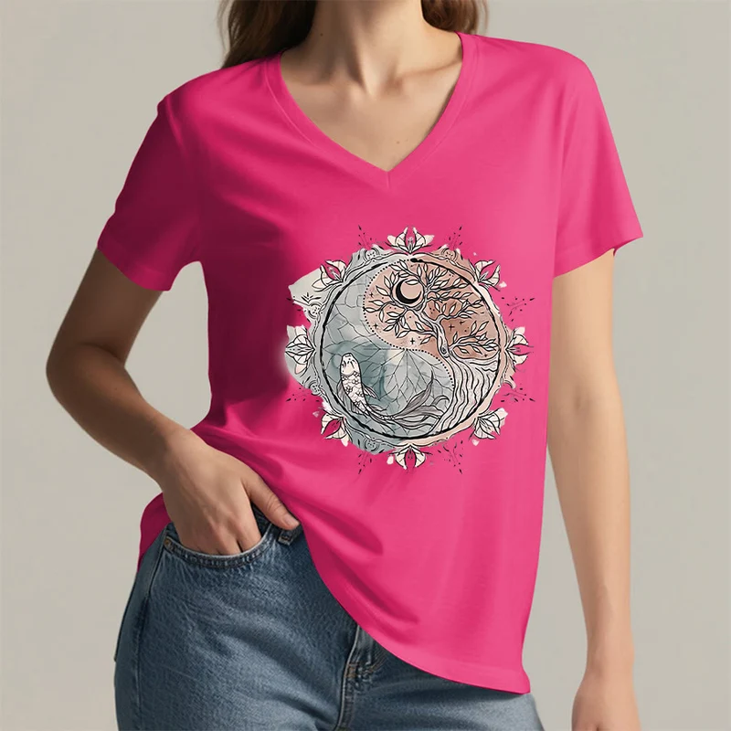 Olivenorma T-Shirt mit aufwendigem Yin-Yang-Naturdesign mit Baum und Koi (V-Ausschnitt)