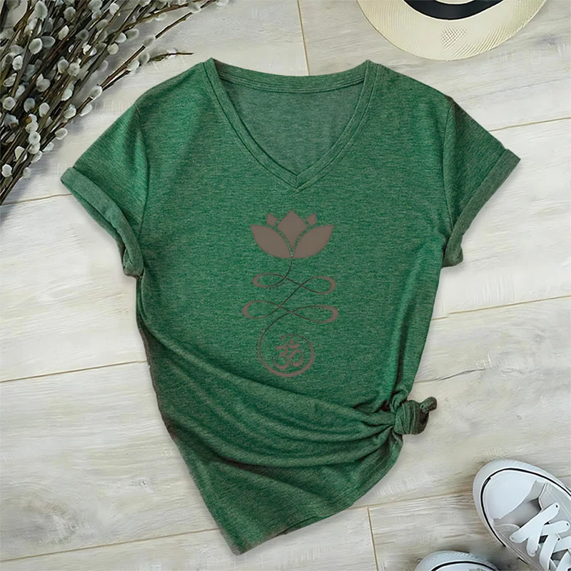 Olivenorma Lotus mit Om-Symbol Unalome Print Yoga V-Ausschnitt T-Shirt