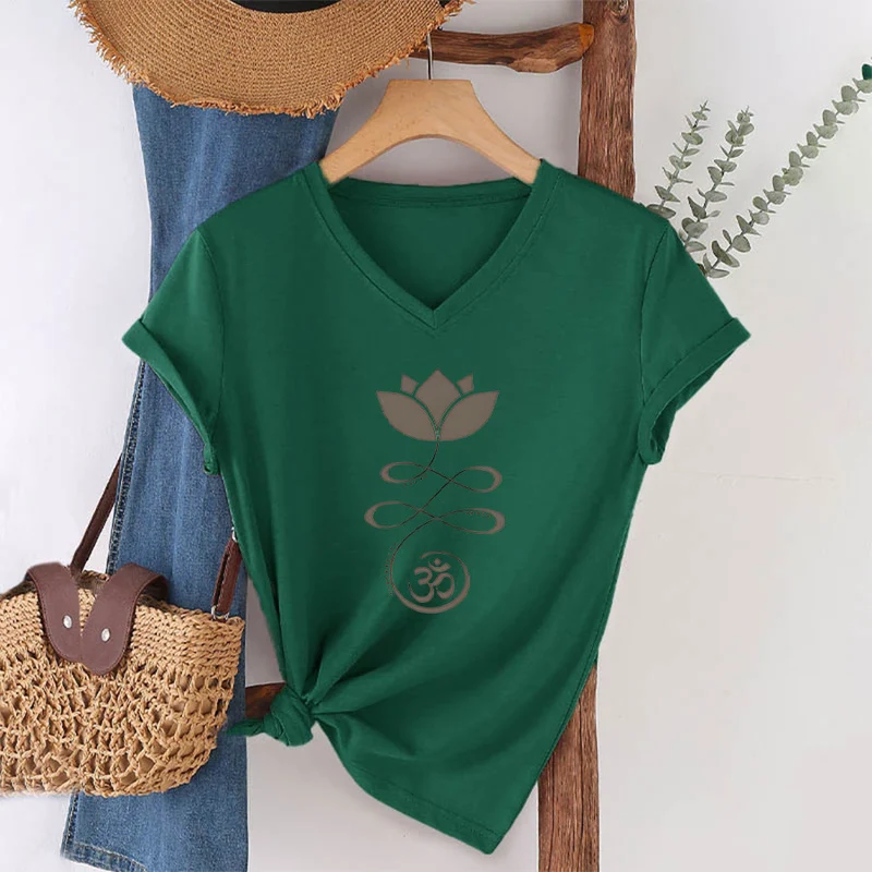 Olivenorma Lotus mit Om-Symbol Unalome Print Yoga V-Ausschnitt T-Shirt
