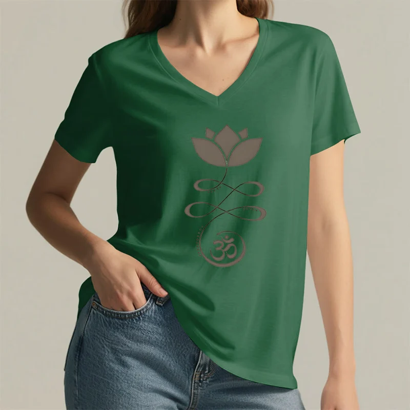 Olivenorma Lotus mit Om-Symbol Unalome Print Yoga V-Ausschnitt T-Shirt