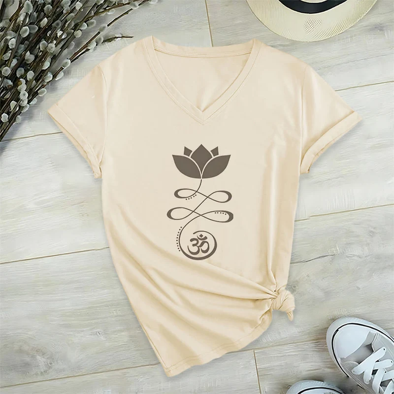 Olivenorma Lotus mit Om-Symbol Unalome Print Yoga V-Ausschnitt T-Shirt