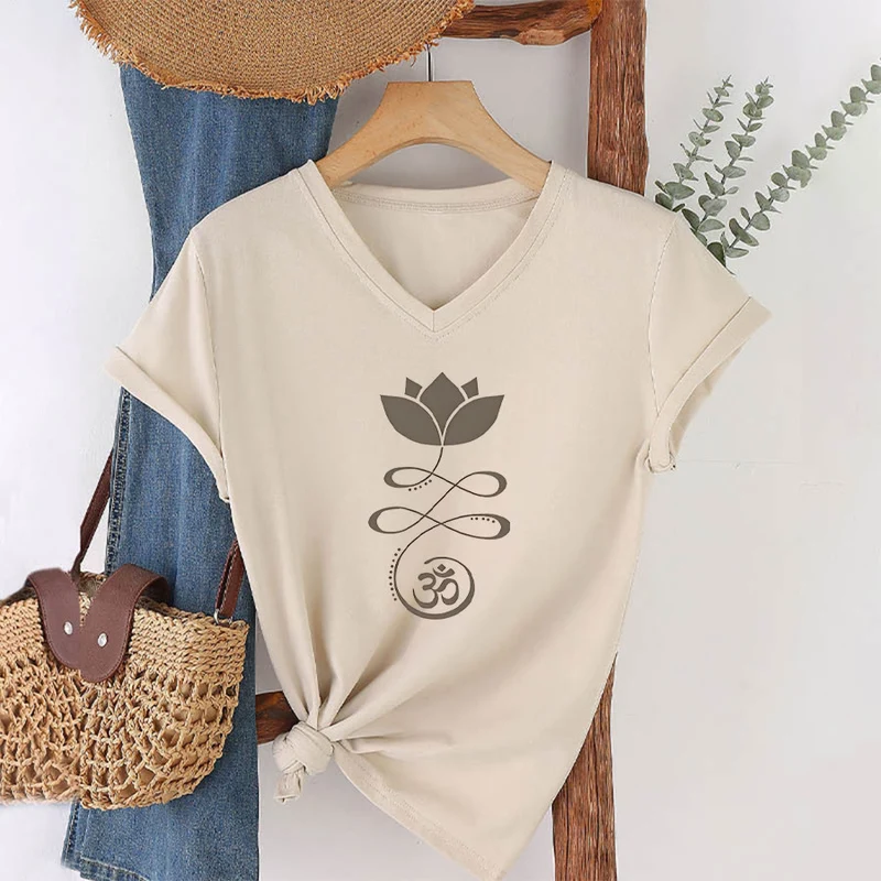 Olivenorma Lotus mit Om-Symbol Unalome Print Yoga V-Ausschnitt T-Shirt