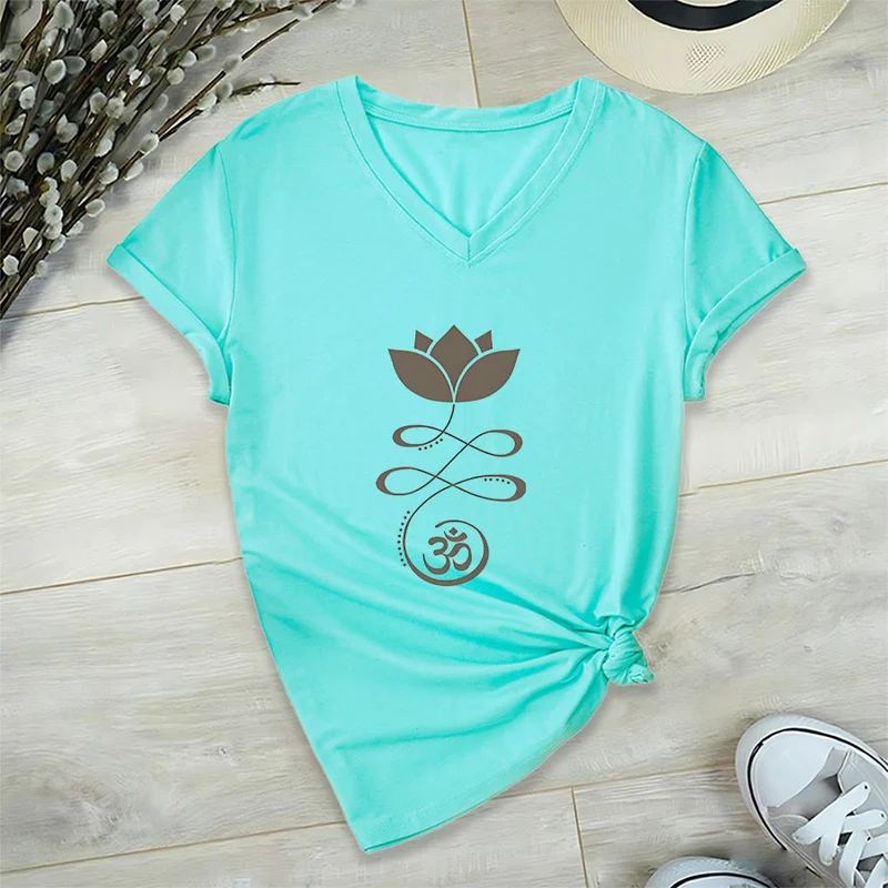 Olivenorma Lotus mit Om-Symbol Unalome Print Yoga V-Ausschnitt T-Shirt