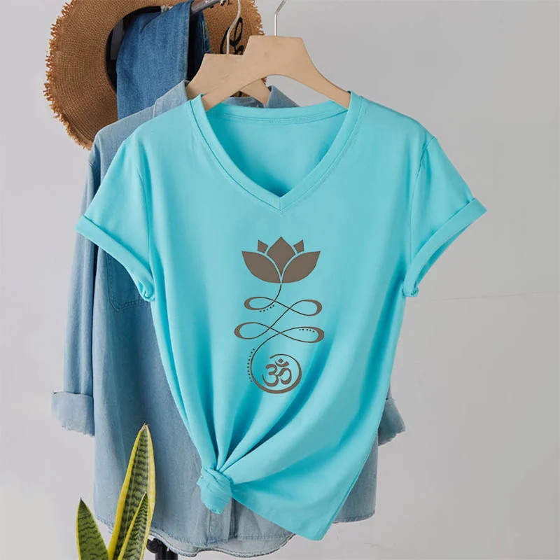 Olivenorma Lotus mit Om-Symbol Unalome Print Yoga V-Ausschnitt T-Shirt