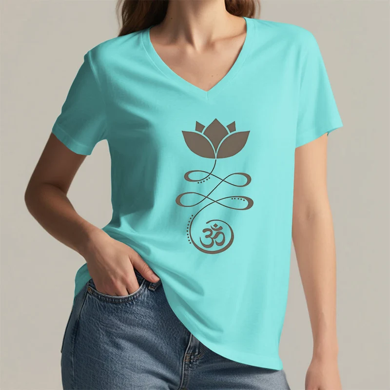 Olivenorma Lotus mit Om-Symbol Unalome Print Yoga V-Ausschnitt T-Shirt