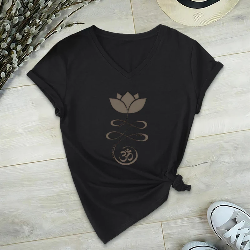 Olivenorma Lotus mit Om-Symbol Unalome Print Yoga V-Ausschnitt T-Shirt