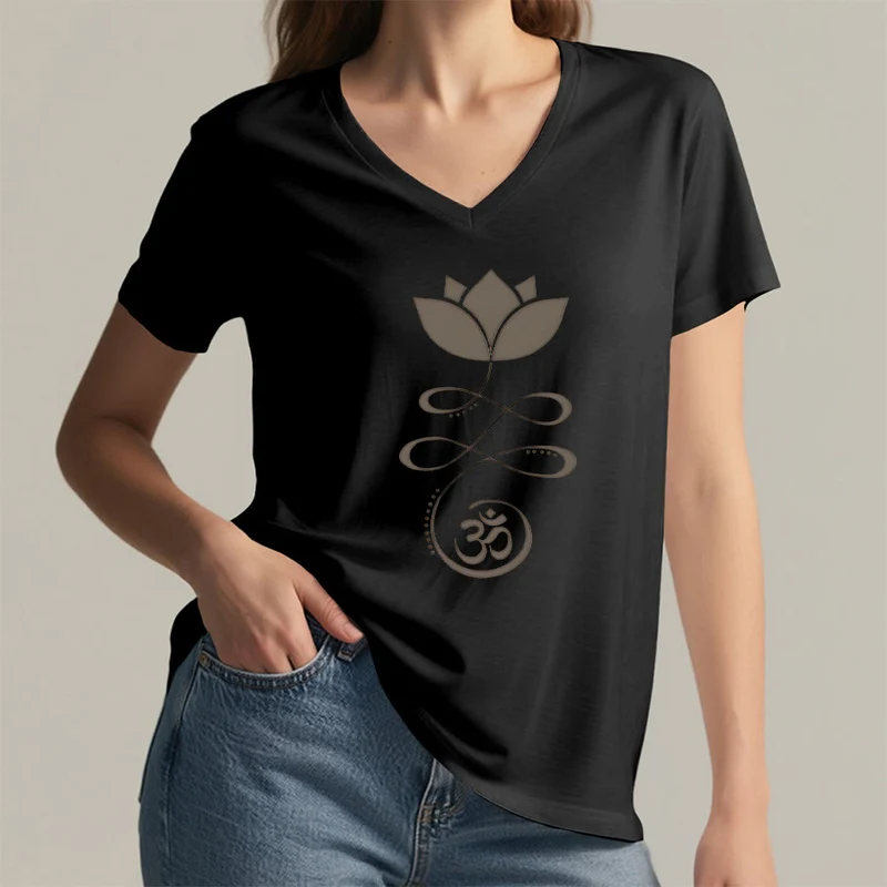 Olivenorma Lotus mit Om-Symbol Unalome Print Yoga V-Ausschnitt T-Shirt