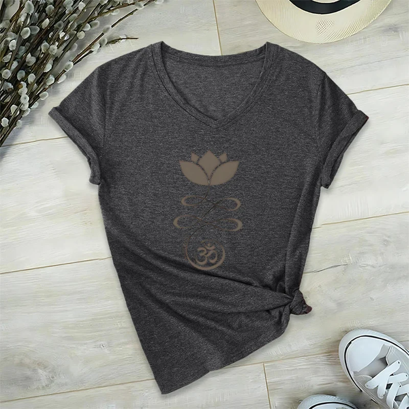 Olivenorma Lotus mit Om-Symbol Unalome Print Yoga V-Ausschnitt T-Shirt
