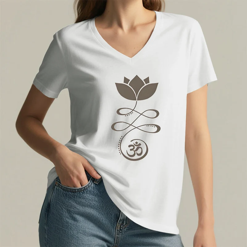 Olivenorma Lotus mit Om-Symbol Unalome Print Yoga V-Ausschnitt T-Shirt