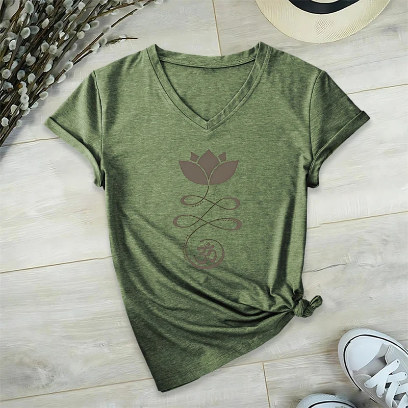 Olivenorma Lotus mit Om-Symbol Unalome Print Yoga V-Ausschnitt T-Shirt