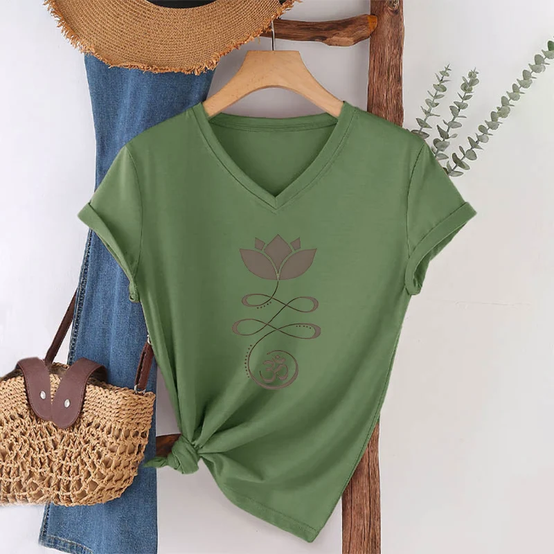 Olivenorma Lotus mit Om-Symbol Unalome Print Yoga V-Ausschnitt T-Shirt