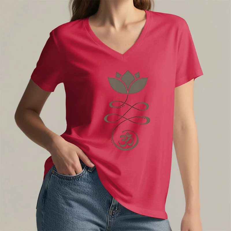 Olivenorma Lotus mit Om-Symbol Unalome Print Yoga V-Ausschnitt T-Shirt